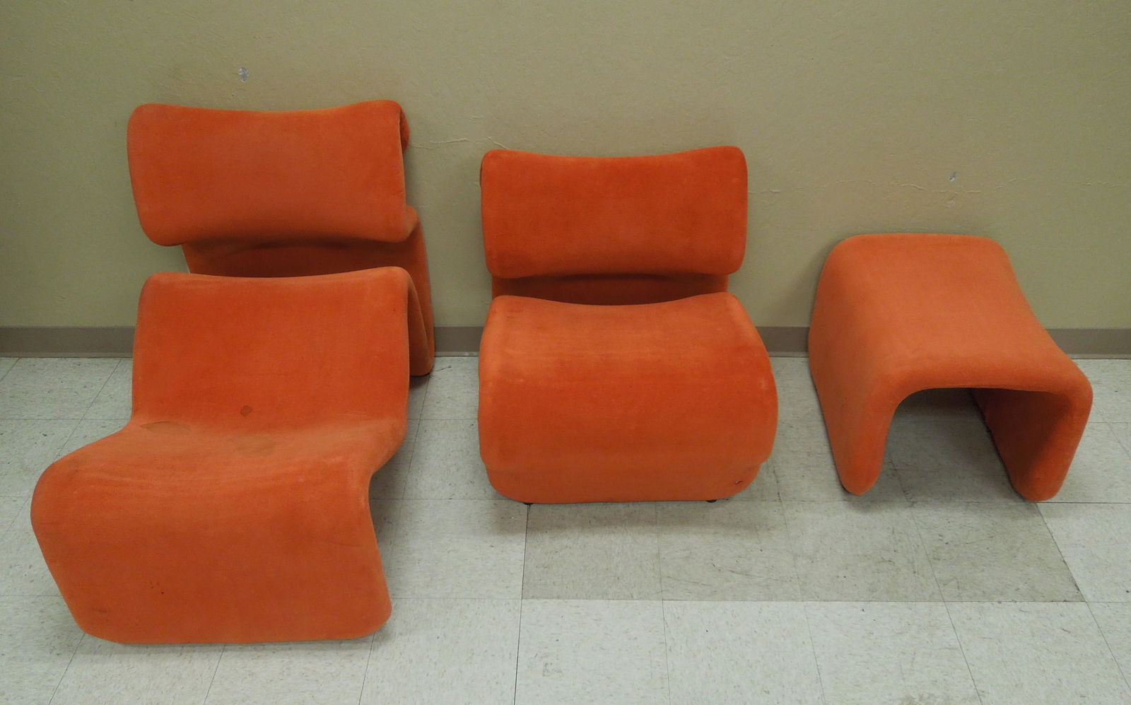 Modernist Orange Chaise, Chair and Ottoman. (1 of 3)