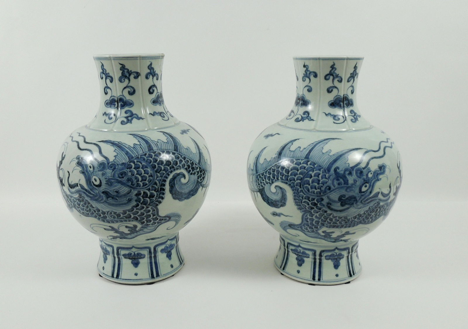 Pair Chinese Blue & White Ceramic Bottle Vases,19th C. (1 of 5)