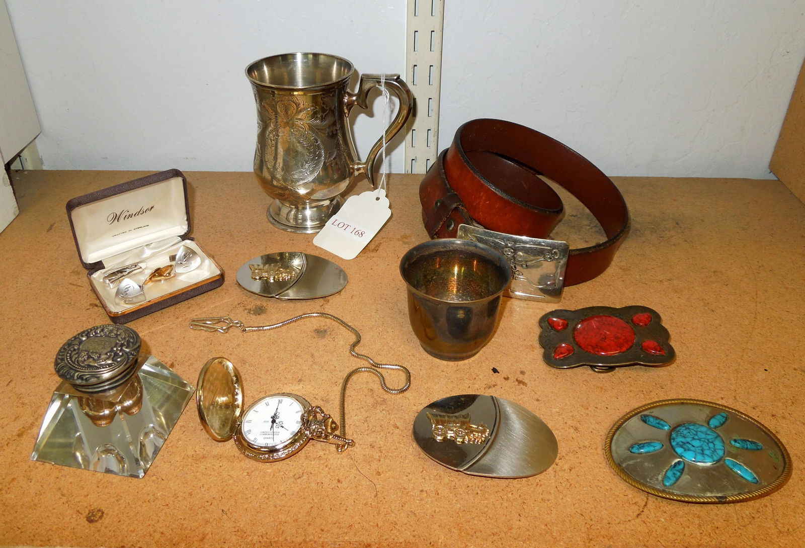 Group of Belt Buckles, Pocket Watch & Silver Plate. (1 of 1)