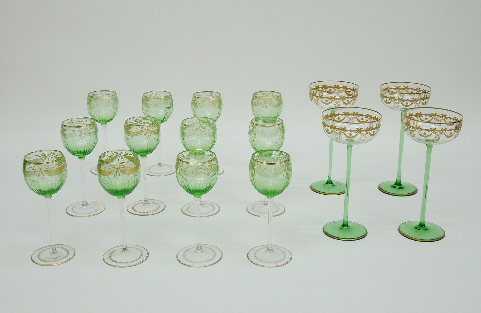 Group of Green & Gilt Etched Glass Stemware. (1 of 5)