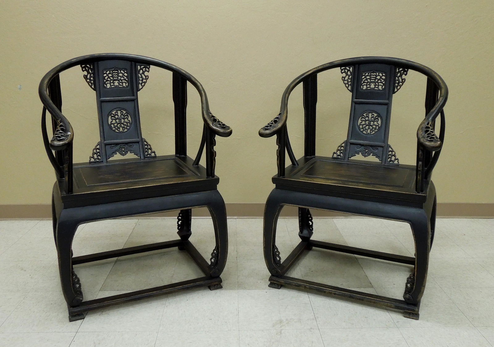 Pair Chinese Carved Armchairs, Early 20th C. (1 of 4)