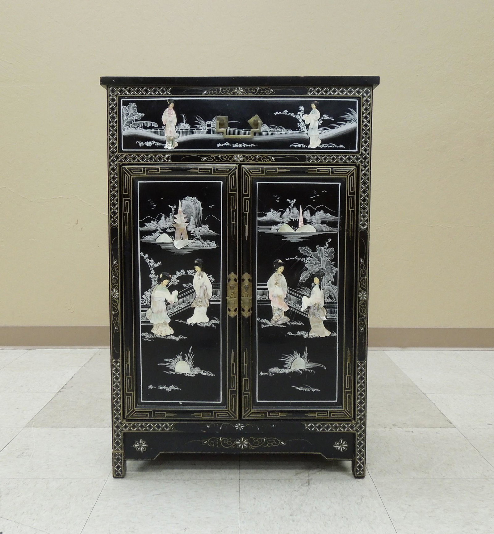 Chinese Black Lacquered 2-Door, Single Drawer Cabinet. (1 of 8)