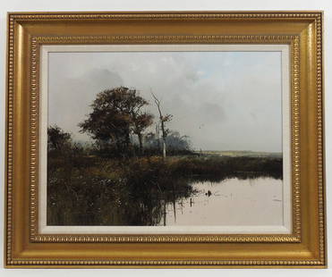 Michael Coleman Oil on Board, Autumn Pond.: Michael Coleman (b. 1946), Oil on board, Autumn Pond. Signed lower left, dated 1975. Titled on paper label verso. Image: 18 x 26 inches. Gilt framed. Overall: 24 1/2 x 31 3/4 inches.