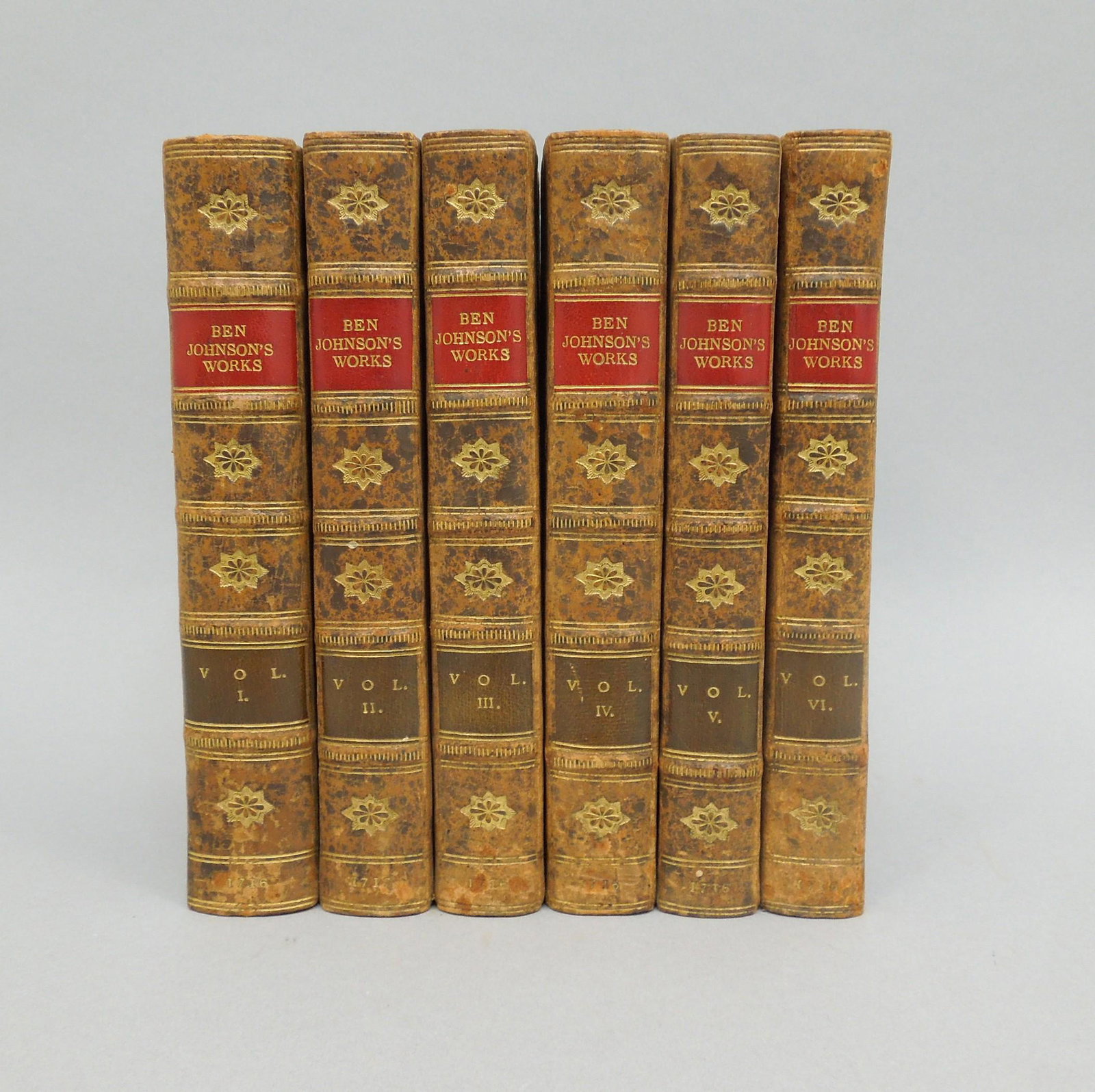 (6) Leather Bound Volumes, Ben Johnson's Works.: (6) Leather bound volumes of Ben Johnson's Works. London 1741.