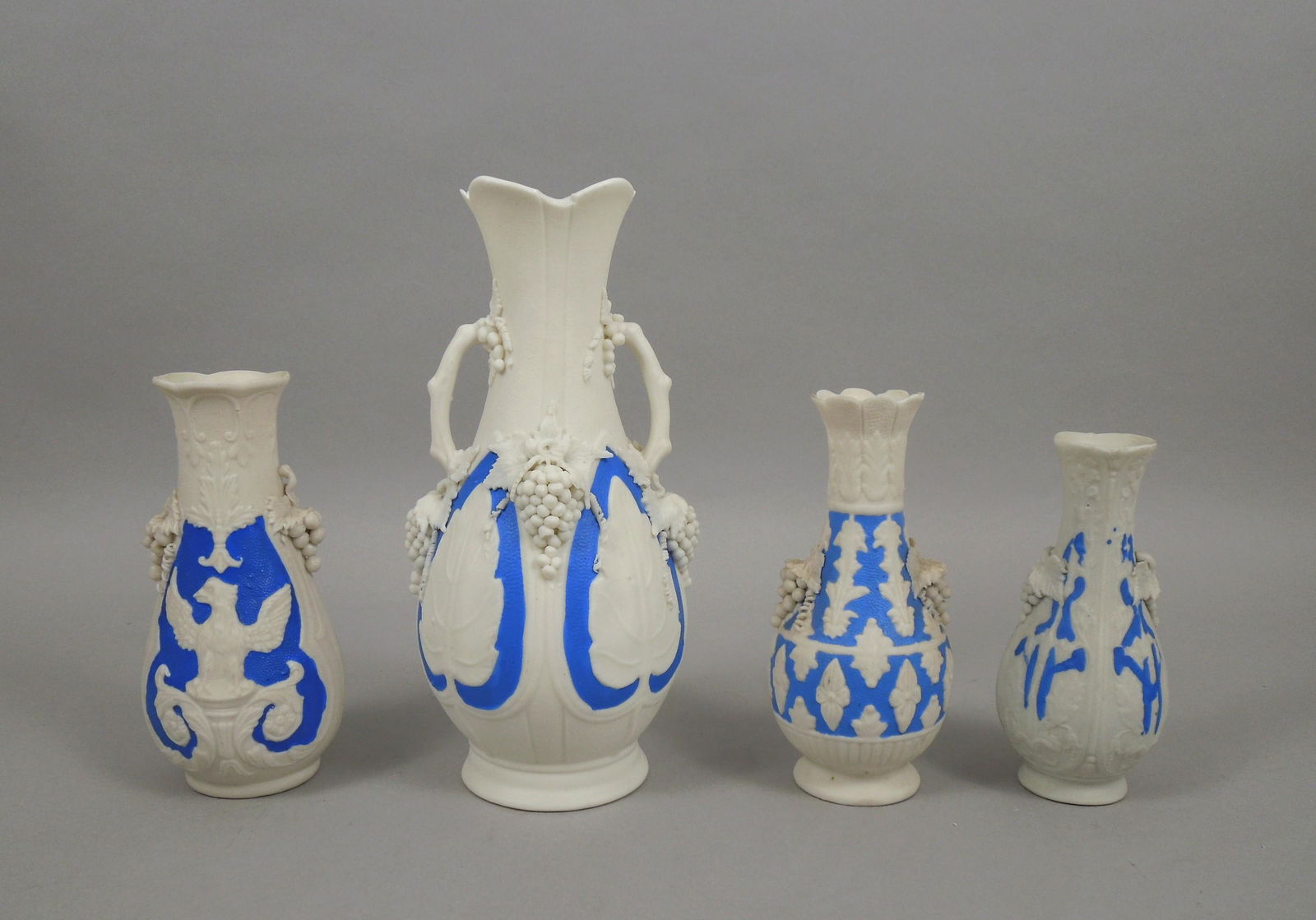 Blue & White Parian Ware Pitcher and 3 Vases. (1 of 11)