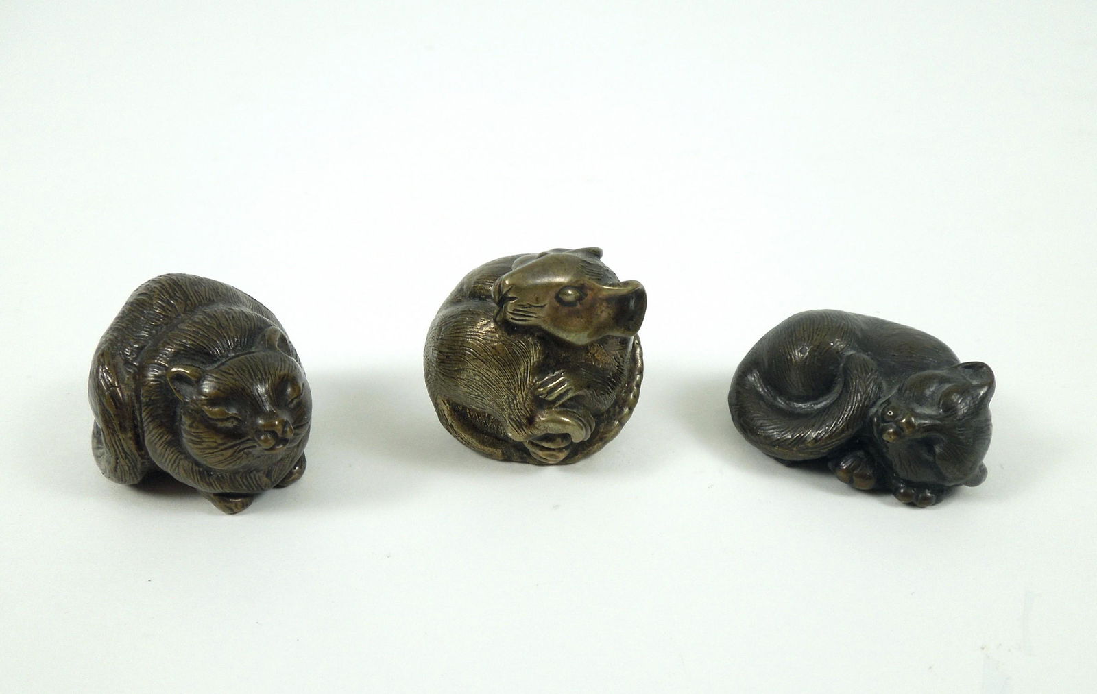(3) Miniature Bronze Cat and Mouse Figures. (1 of 8)
