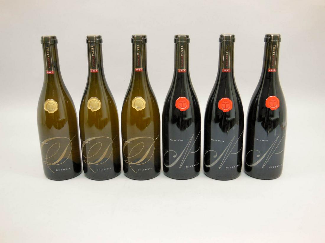 (6) Bottles of Testarossa Winery Jensen Reserve Society: (6) Bottles of Testarossa Winery Jensen Reserve Society Wine. 3 Bottles of Diana's 2017 Chardonnay and 3 bottles of Niclaire 2017 Pinot Noir.