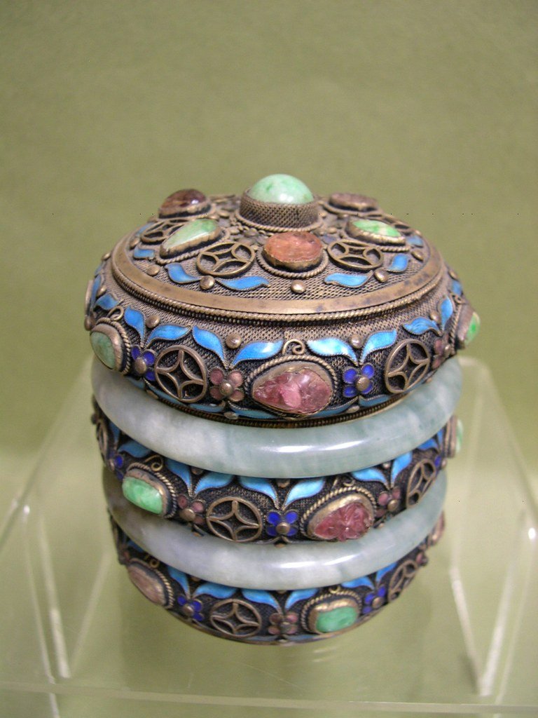 Chinese silver vermeil, enamel, jade and gemstone c: Chinese silver vermeil, enamel, jade and gemstone caddy. Stamped "SILVER". Height: 3 ½ inches; Diameter: 3 inches