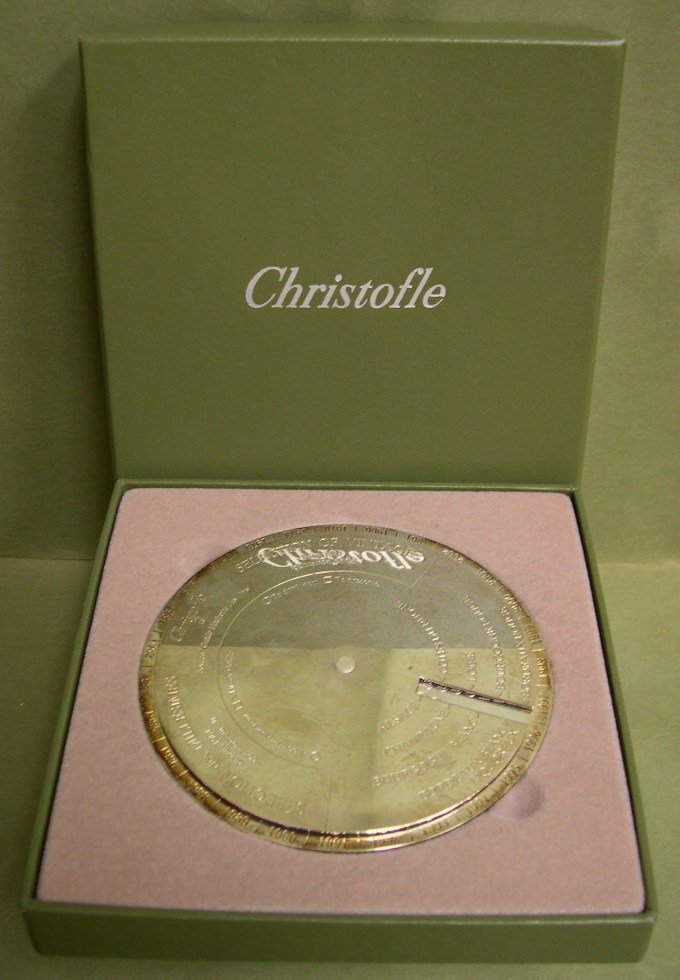 Christofle, France, Oenologie Selection of Vintage: Christofle, France, Oenologie Selection of Vintage Wine, “Source: Guide Hachette de Vins” Coaster, boxed. Diameter: 5 1/8 inches