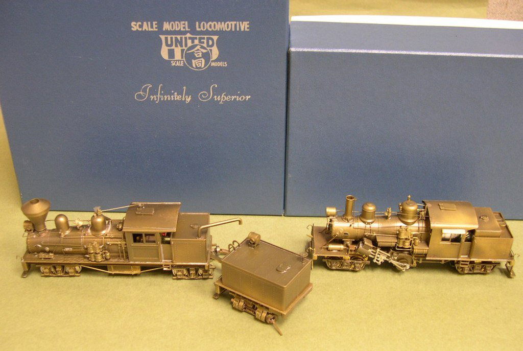 (2) Brass Locomotive Trains Pacific Fast Mail: (2) Pacific Fast Mail Brass Locomotives in original boxes, one with Tender: Geared Locomotive 3-Track Shay, Class B, comes with original spare coupler packet; Logging Climax Classic C, with original g