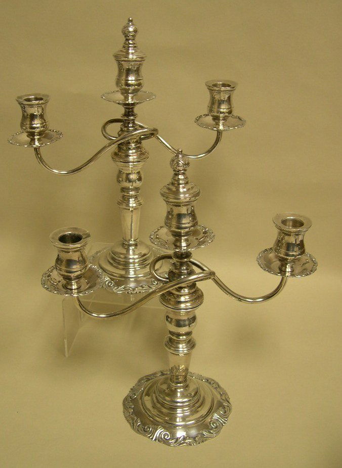 Pair of Sterling Silver 3-arm Candelabra: Pair of Sterling Silver 3-arm Candelabra. Candelabra can be used as single candlesticks, or as a 2-arm candelabra with center decorative sterling finial insert. Stamped Sterling Silver 950 Overall Hei