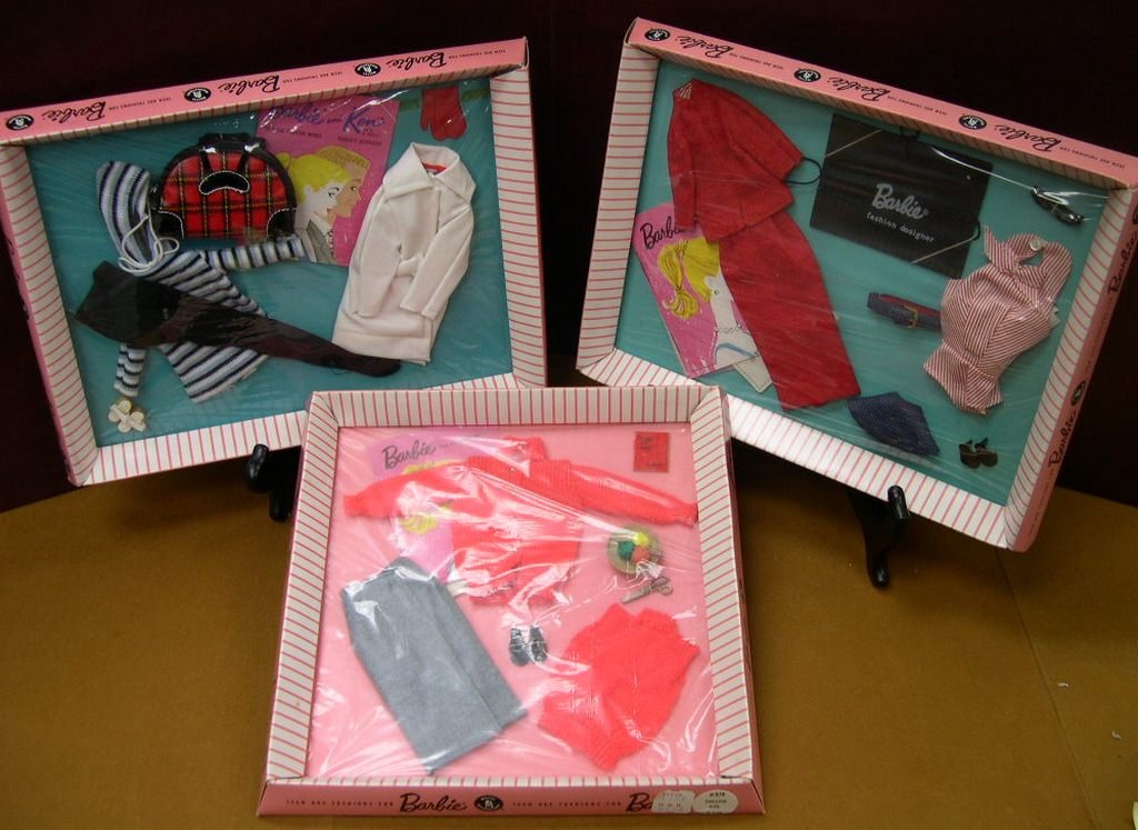 (3) Vintage Barbie Clothing Sets:: (3) Vintage Barbie Clothing Sets: No. 981 Busy Gal No. 975 Winter Holiday Set No. 976 Sweater Girl
