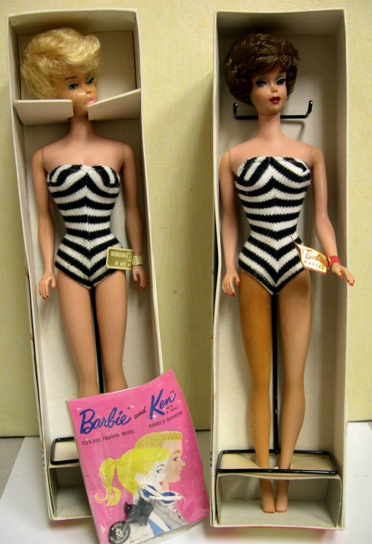 (2) Vintage Barbie Bubble Cut dolls No. 850: (2) Vintage Barbie Bubble Cut dolls # 850 in box Copyright 1959, one box printed “Bubble Cut White Ginger”, the other box has “blonde” crossed through and “Brown” handwritten. Both dolls i