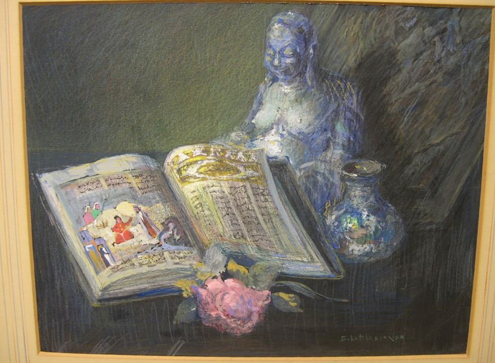 Pastel by Sarkis Katchadourian "La page du Bonheur": Pastel, Still Life by Sarkis Katchadourian (1886-1947) - most well known as the illustrator of Edward Fitzgerald's Rubaiyat of Omar Khayyam. Titled “La page du Bonheur”, Seated Buddah with open vo