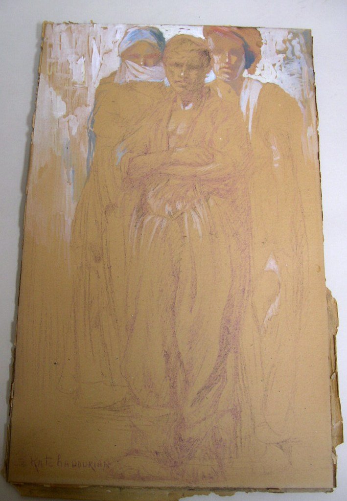 Crayon & Gouache by Sarkis Katchadourian: Crayon drawing with gouache on paper board by Sarkis Katchadourian (1886-1947) - most well known as the illustrator of Edward Fitzgerald's Rubaiyat of Omar Khayyam. Signed lower left S. Katchadourian 