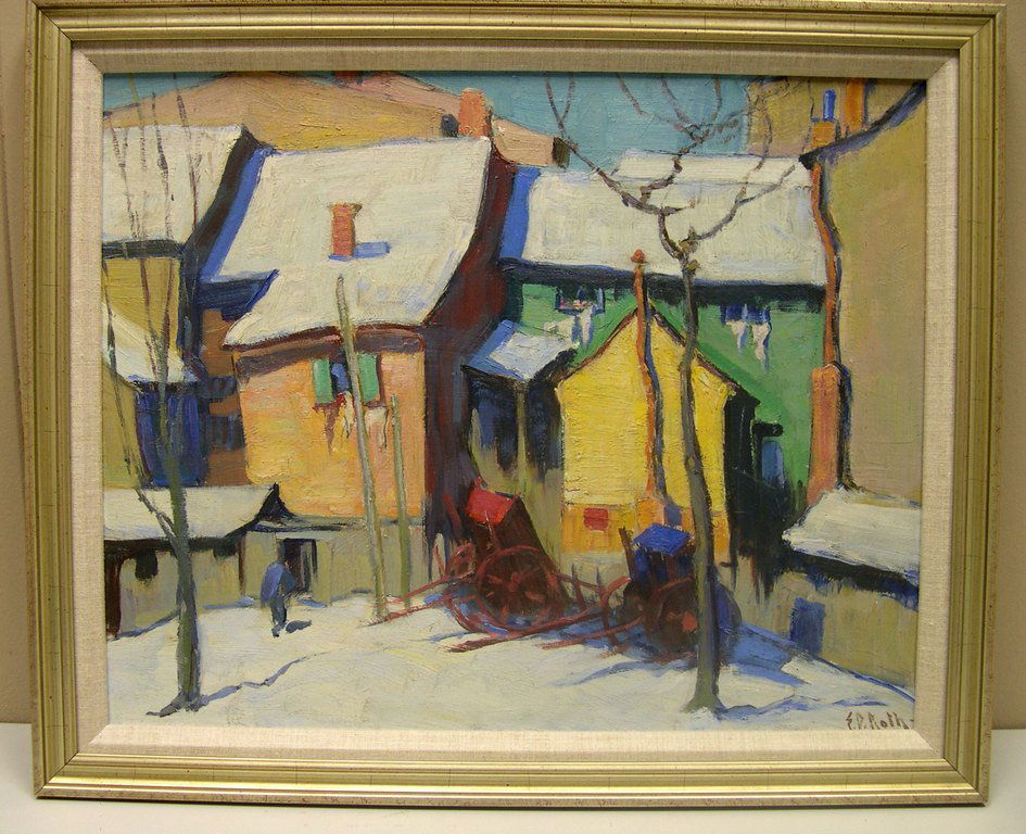 Ernest David Roth Oil on Board "Shacks-Winter": Oil on Board by Ernest David Roth (American, 1879-1964), signed lower left Titled: Shacks-Winter Signed: E.D. Roth Sight: 15 ½ x 19 ½ inches Overall: 19 x 23 inches