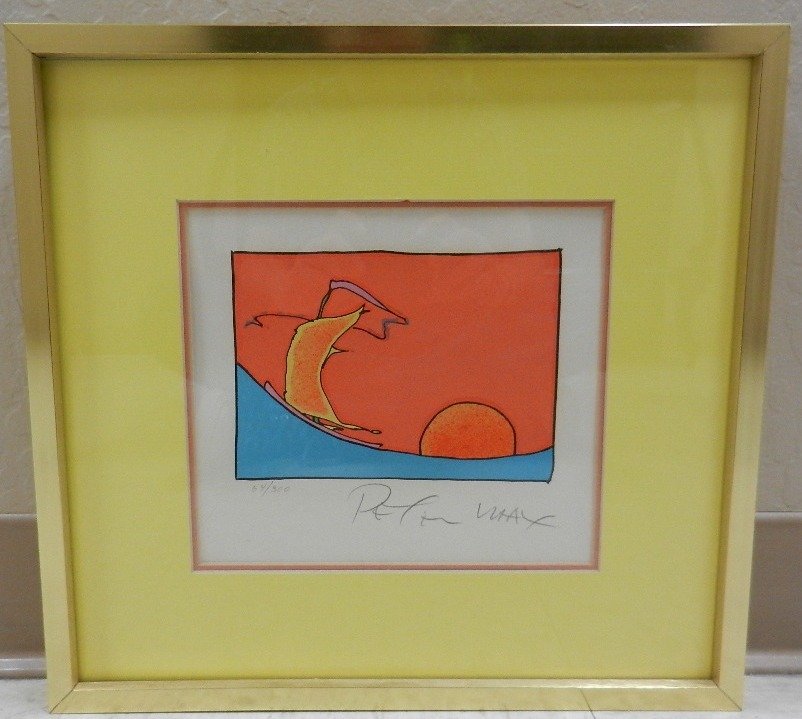 Peter Max Color Serigraph #64/300 Abstract: Peter Max, (American/German, 1937 - ). Color serigraph, limited edition: #64/300 Abstract, sailboat on blue sea and orange horizon. Sight: 8 x 9 inches. Within yellow metal frame with wide yellow mat,