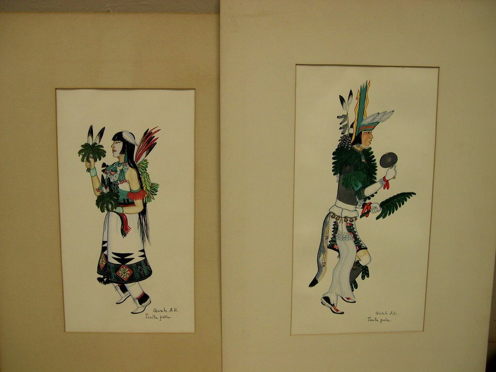 2 Tonita Pena Quah Ah, Watercolor on Paper, Signed: Two (2) Tonita Pena (1893-1949), Quah Ah, watercolor on paper, signed. One handwritten verso :Cochiti Pueblo Buffalo Dance (white painted face). Sight: 17 x 13 ¼ inches; the other Sight: 13 3/8 x 6 �