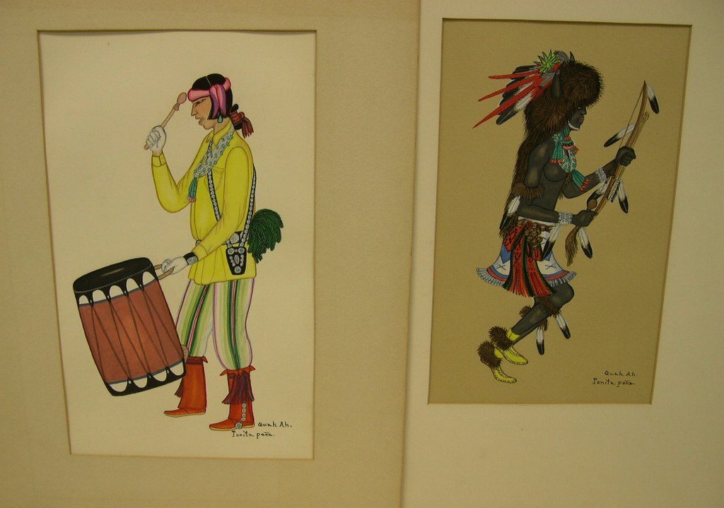 2 Tonita Pena Quah Ah, Watercolor on Paper, Signed: Two (2) Tonita Pena (1893-1949), Quah Ah, watercolor on paper, signed. One handwritten verso :”Cochiti Pueblo Corn Dance” (Drummer). Sight: 11 ¾ x 7 inches; the other Sight: 10 ½ x 6 ¼ inches