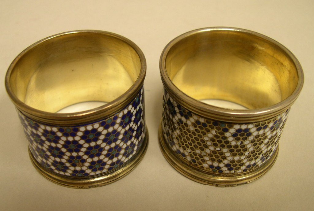 Russian Silver GIlt & Enamel Napkin Rings (2): Two (2) Russian Silver Gilt and Enamel Napkin Rings, honeycomb pattern. Russian hallmark, 84 standard.