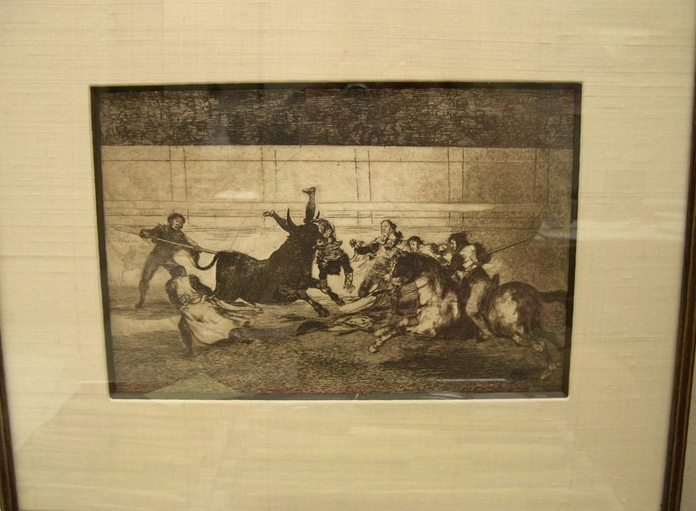 Goya Etching from the "Toros" Series: GOYA Y LUCIENTES, Francisco Jose de (Spanish, 1746-1828) Etching from the “Toros” series, on handmade paper. Signed lower right in the plate. Sight: 8 ½ x 12 ¼ inches Framed and glazed. Overall: