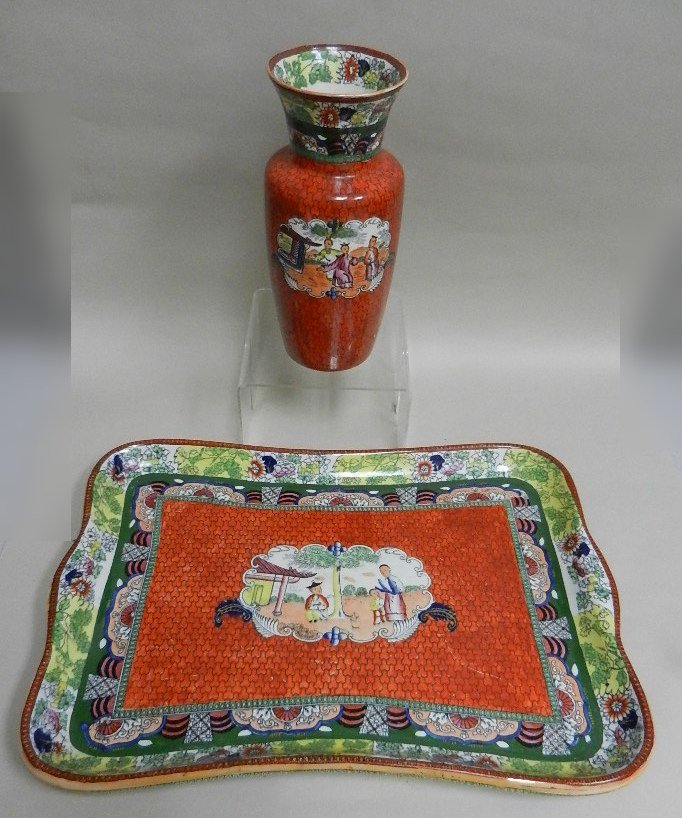 Antique Mason's Patent Ironstone Tray & Vase c.1900: Mason's Ironstone Tray & Vase, both decorated in the oriental taste with figural reserves. Mark: Crown and Banner “Mason’s Patent Ironstone China England”. Circa 1900. Tray: 16 x 12 inches; Vase