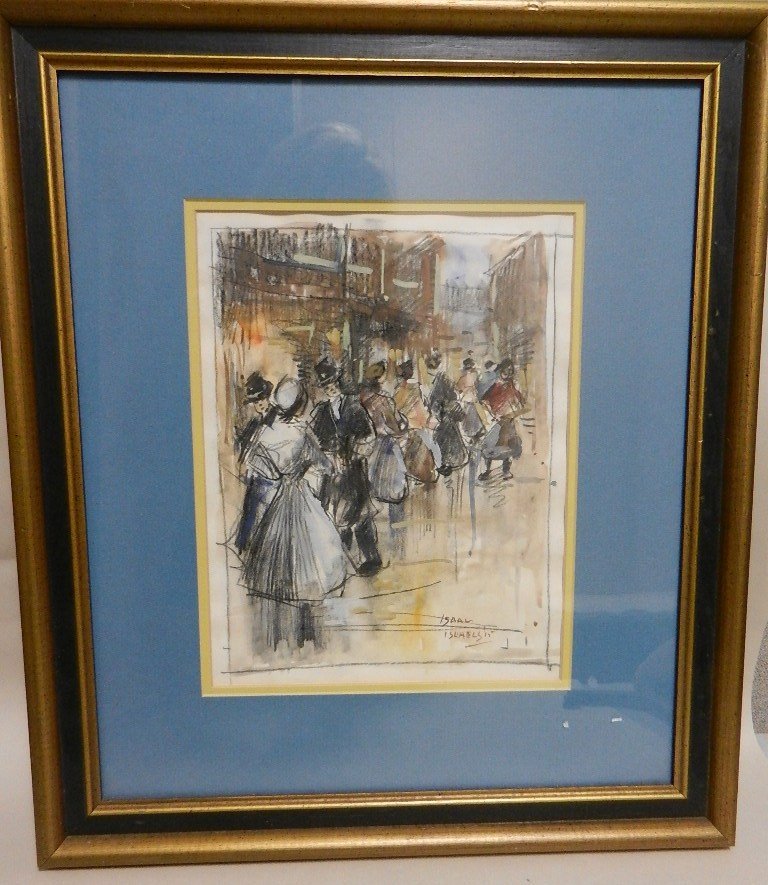 ISAAC ISRAELS Watercolor on Paper Street Scene: Isaac Israels (Dutch, 1865-1934), Watercolor on paper, bustling European street scene. Signed lower right ISAAC ISRAELS '15. Sight: 8 1/2 x 11 inches; Overall: 19 1/2 x 17 inches