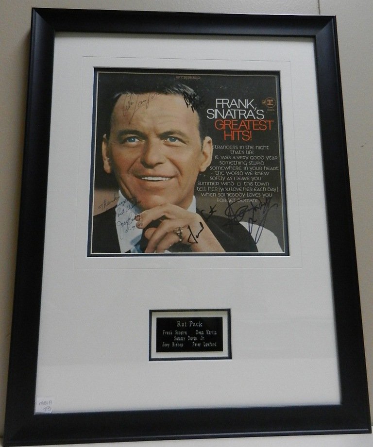 Rat Pack autographed Frank Sinatra LP Album Cover: Rat Pack autographed Frank Sinatra LP Album Cover, “Frank Sinatra’s Greatest Hits” record album cover, bearing five signatures: Frank Sinatra; Dean Martin; Sammy Davis Jr; Peter Lawford; and Joe