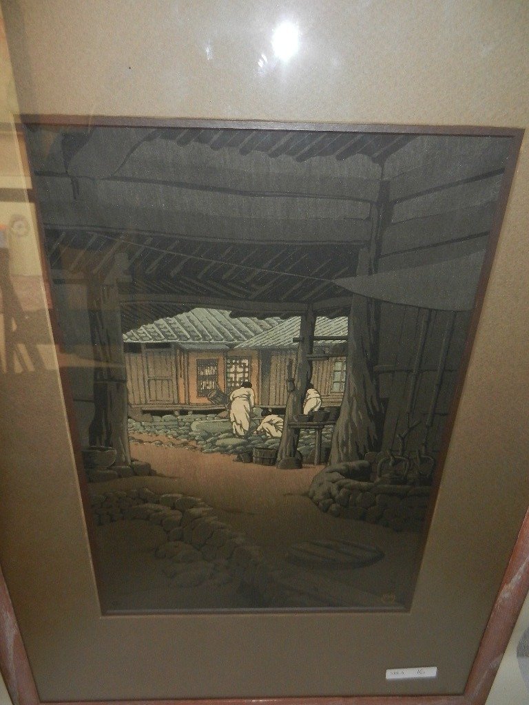 HASUI KAWASE “Senon Temple” Framed woodblock print: HASUI KAWASE (Japanese 1883-1957) Title:Senon Temple,1942 Woodblock print 14x9 inches Framed and glazed. Photocopied picture of the print with annotations fixed to back of enclosed frame