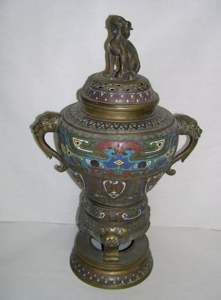 Chinese Bronze and Champlevé lidded Urn/Censer: Chinese Bronze and Champlevé lidded Urn/Censer, seated Lion finial and two dragon handles. Lion Finial is loose and has some losses. Height: 19 ½ inches