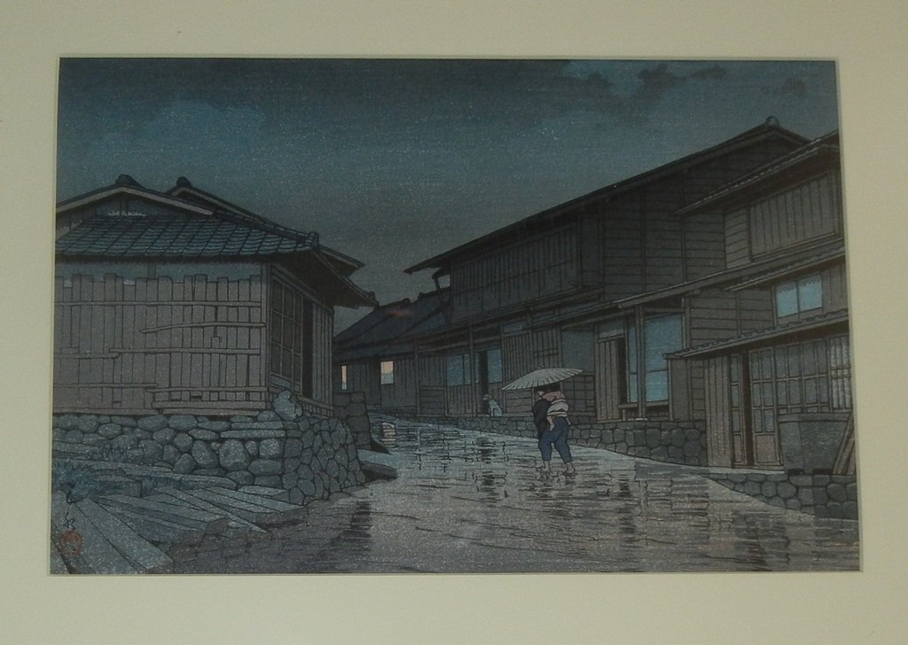 Kawase Hasui, Color wood cut print: Kawase Hasui (Japanese 1883-1957). Color wood cut print.Titled: Tokaido Nissaka. Framed and matted. Sight: 9¼ x 14 inches Overall: 16¾ x 20½ inches.