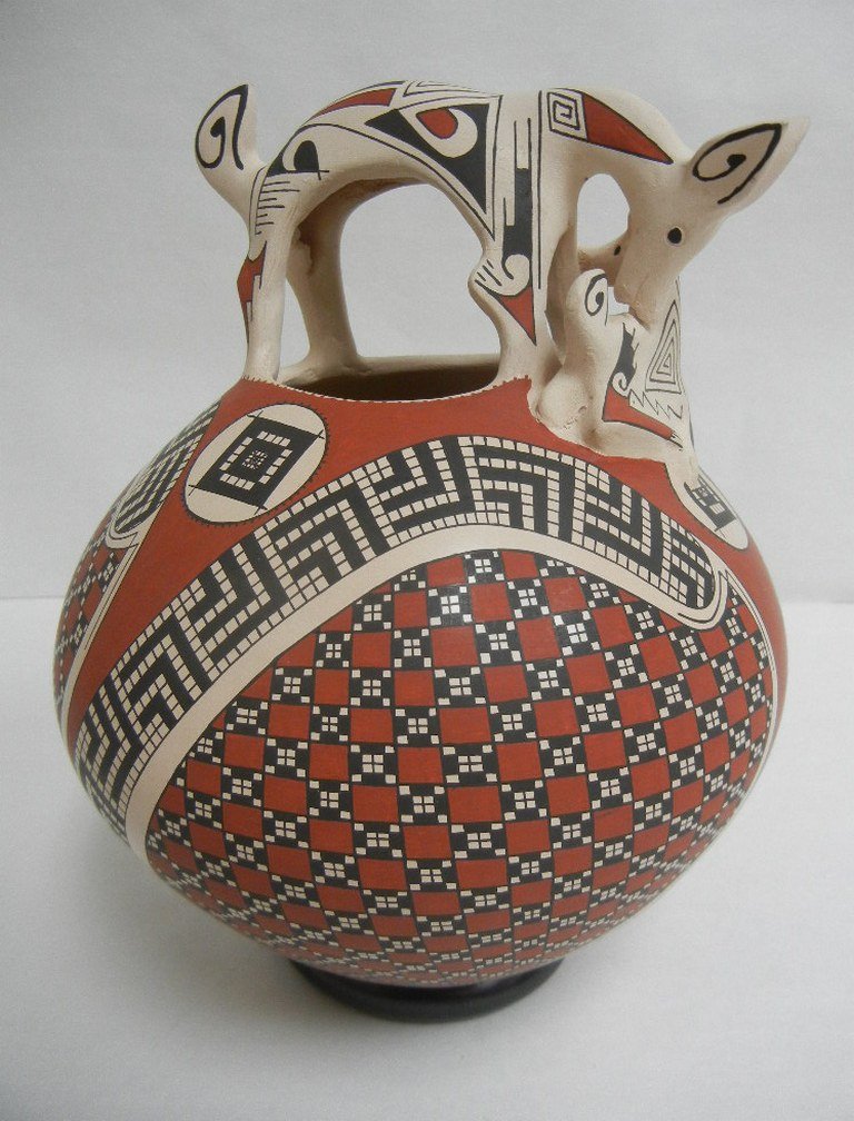 Central American Casas Grandes Mata Ortiz Pottery Bowl: Central American Casas Grandes Mata Ortiz (Mexico) pottery vessel. Eye dazzler pattern with two deer formed handle. Signed and original paper label on bottom. Approximately 8 inches tall.