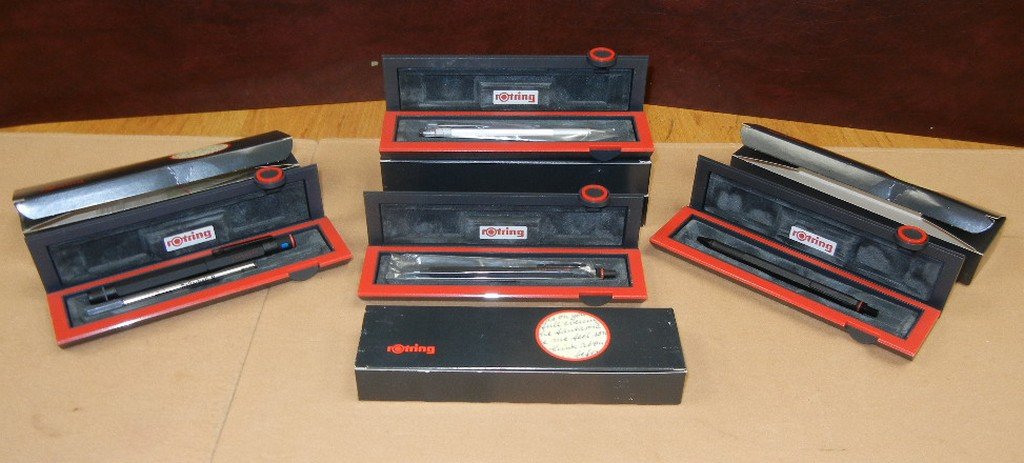 Five (5) Rotring Pens and Pencils. Includes two (2): Five (5) Rotring Pens and Pencils. Includes two (2) model 600 black ball points, one (1) black roller ball, one (1) model new 600 black ball point, and one (1) 1mm. Black pencil. All new in box.