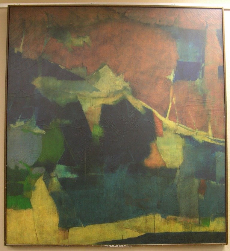 Frank Roth Oil on Canvas “Fragment of an Empire”: Oil on Canvas by Frank Roth (American, b.1936 ) titled “ Fragment of an Empire”. Signed verso Frank Roth “Fragment of an Empire” 1959. Overall: 68 x 62 inches. Provenance: The Santa Barbara Mu