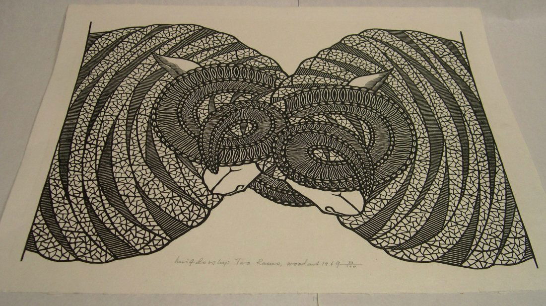 Jacques Hnizdovsky Woodcut Two Rams 1969: Jacques Hnizdovsky Woodcut Two Rams, 1969. Woodcut on paper by Jacques Hnizdovsky (New York/Ukraine, 1915 – 1985). Titled “Two Rams”. Handwritten center in pencil: Hnizdovsky: Two Rams Woodcut 1