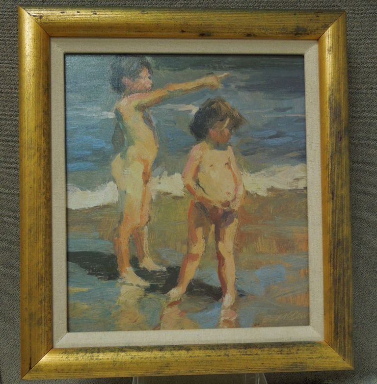 Dan McCaw Oil on Panel: Dan McCaw (b. 1942) Oil on panel. Two children playing in surf. Sight: 11 ½ x 10 inches. In gilt wood frame with linen mat. Overall: 15 x 13 ½ overall.