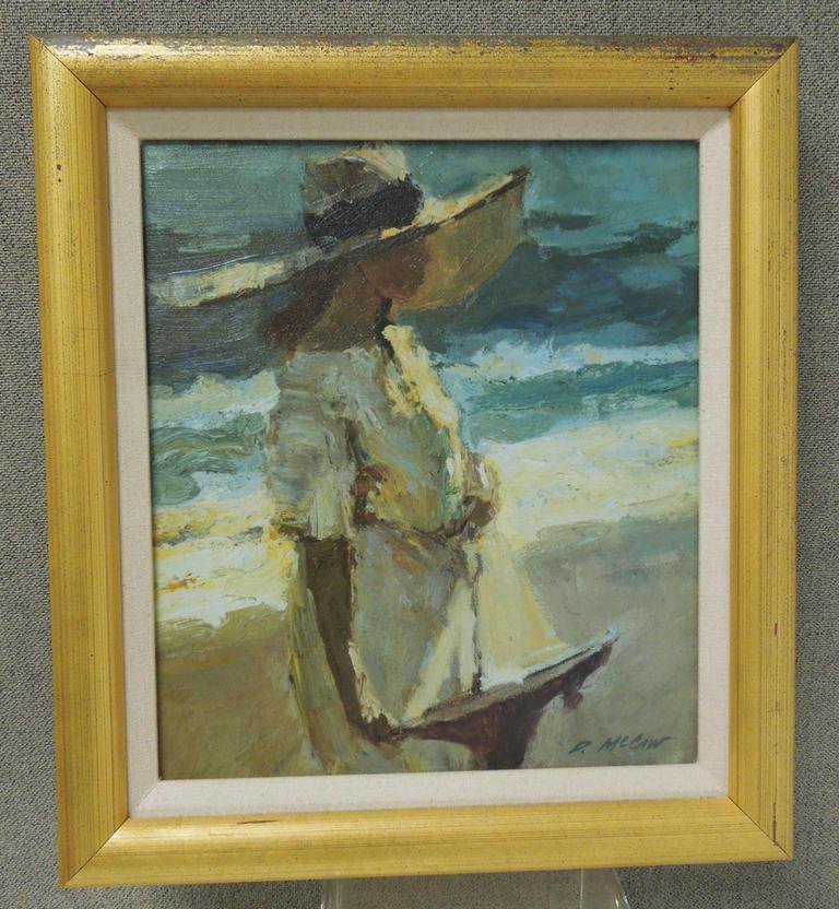 Dan McCaw Oil on Panel: Dan McCaw (b. 1942) Oil on panel. Pensive woman in sun hat on beach. Sight: 11 ½ x 10 inches. In gilt wood frame with linen mat. Overall: 15 x 13 ½ overall.