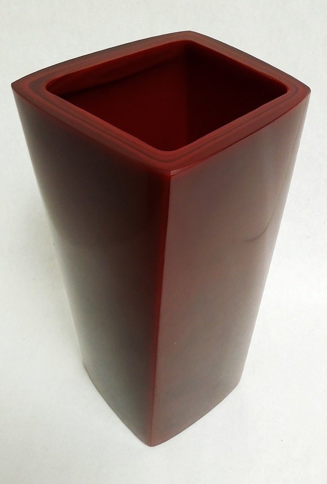 Robert Kuo art glass vase.: Robert Kuo geometric art glass vase, rectangular form with swirl rim. Signed R. Kuo. Paper label marked "Peking Fang Bei Vase". Approx. 13" tall, 7" at the rim.