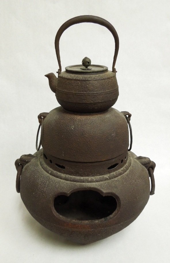 Japanese Chagama and Brazier: Japanese chagama iron kettle, in three sections with brazier and tea kettle. 19th C.