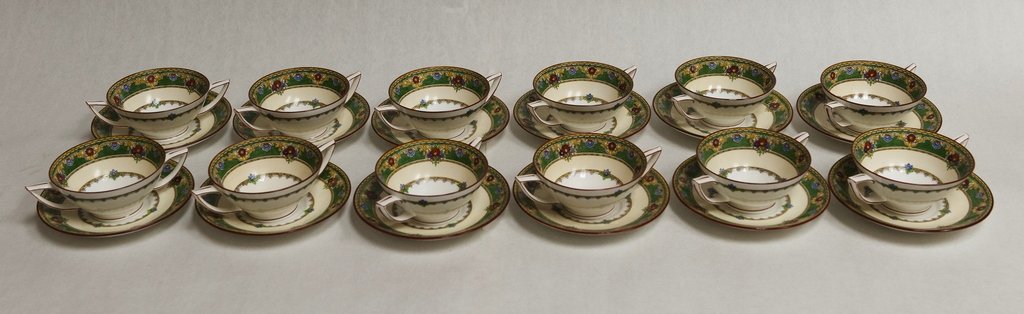 Twelve (12) Minton Porcelain Consomme Soup Bowl Sets: Twelve (12) Art Deco Minton china consomme bowls and saucers. With 12 additional saucers. Stamped "US Pat. Applied For." B1104. Circa 1910
