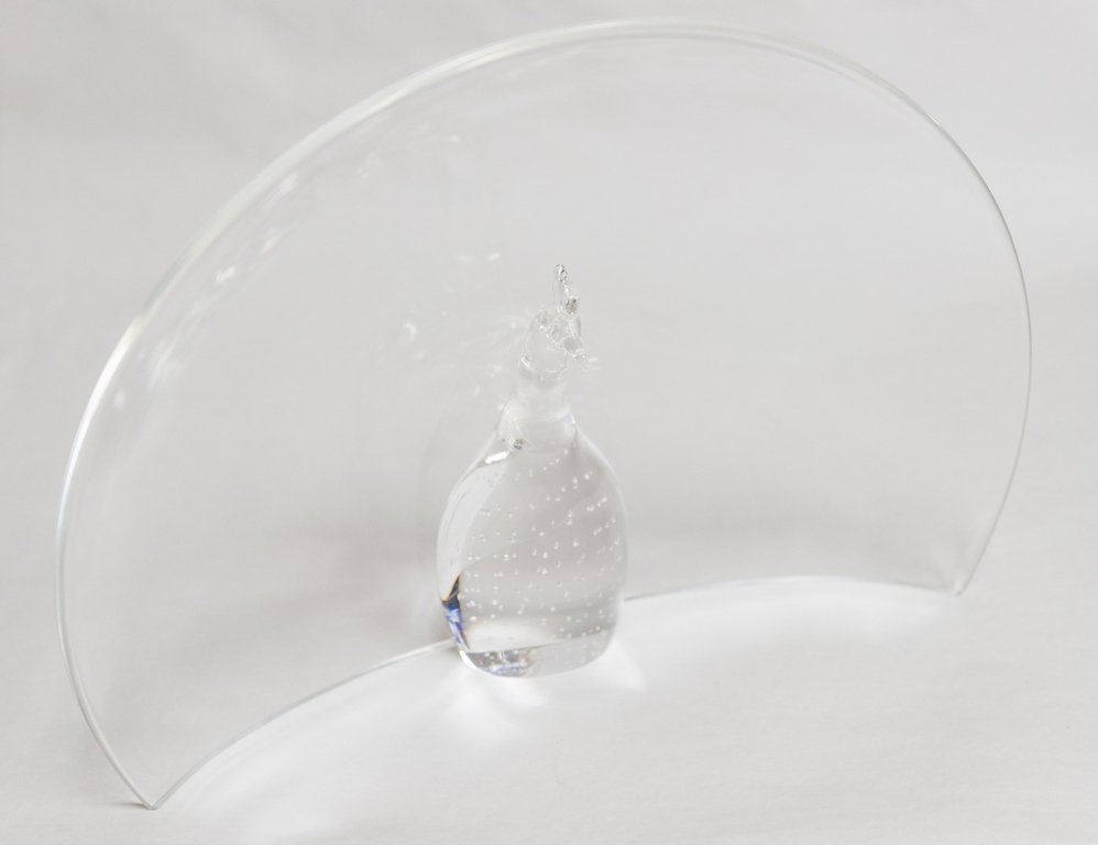 Steuben Glass Peacock Centerpiece: Steuben art glass peacock centerpiece designed by Bernard X Wolff. Model #8532. 10 x 14 1/2 inches