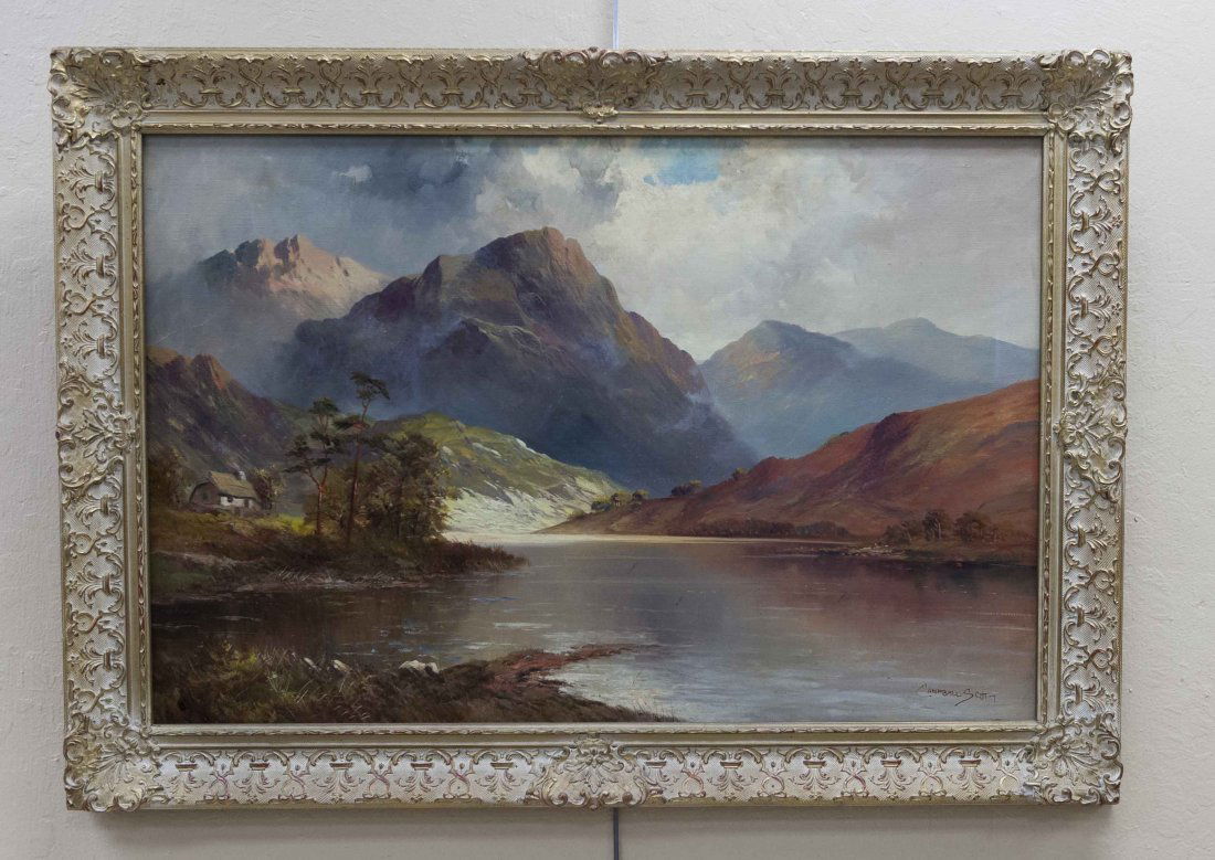 Campbell Scott, Oil on Canvas: Campbell Scott (British 1930 -). Oil on canvas. Mountain lake scene with cabin. 24 x 36 inches. Framed, overall: 30 1/2 x 42 1/2 inches.
