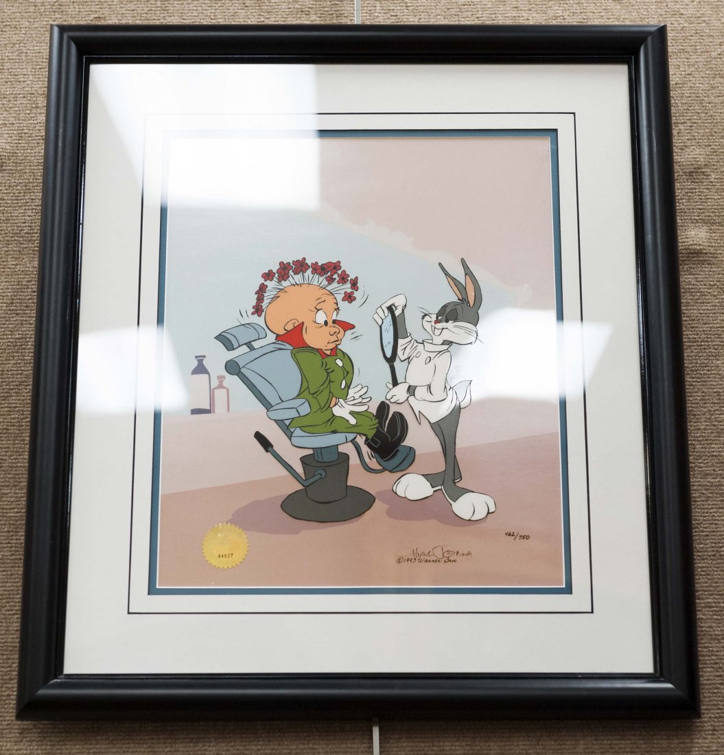 Chuck Jones Limited Edition Animation Cel - The Rabbit: Chuck Jones Limited Edition Animation Cel, "Bugs Bunny & Elmer Fudd; The Rabbit of Seville III". Cel mounted over background art approved by the artist. Numbered 462/750 and signed by Chuck Jones. Wit
