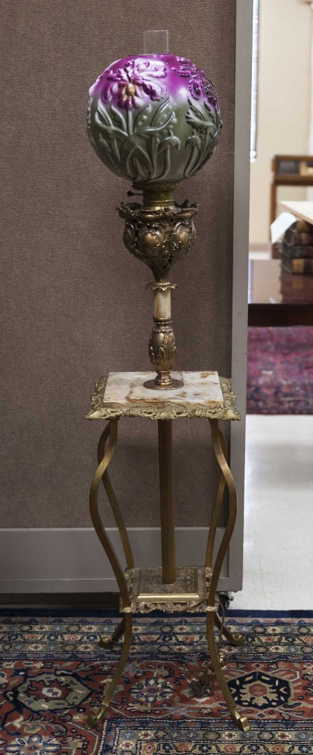 Victorian Table Top Floor Lamp.: Victorian brass and agate table top floor fluid lamp. The brass table cast with open work lower shelf, square agate top, issuing a gilt metal acanthine and cartocuhe cast standard and fluid font. With