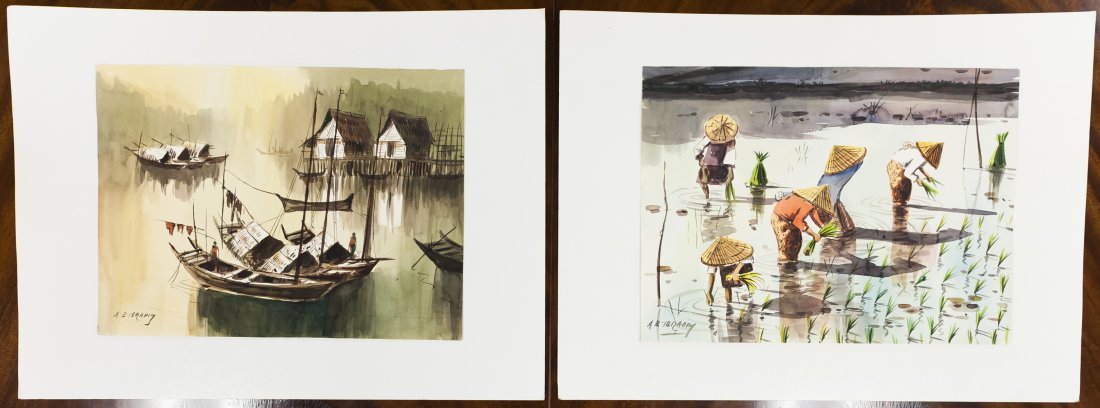 (2) A.B. Ibrahim Watercolors.: Abu Bakar Ibrahim (Malaysian, 1924 - 1977), (2) Watercolors on paper, Asian boats in still river and Harvesting rice. (Approx. 10 3/5" x 14 1/2" and 11" x 13").