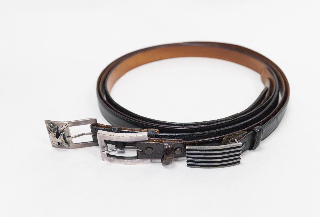 (3) Leather Belts with Mexican Silver Buckles. (1 of 10)
