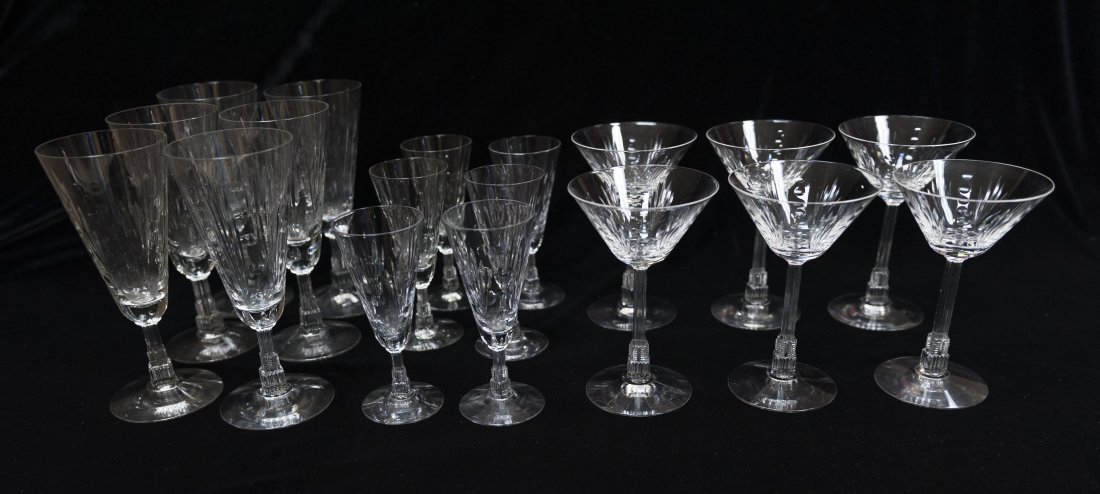 Set of (18) Libbey Crystal Stemware.: Set of (18) Libbey crystal stemware with stacked cut bottom. (6 each of wine (7 3/8"), sherry (5 1/2) and martini (5 5/8") glasses.