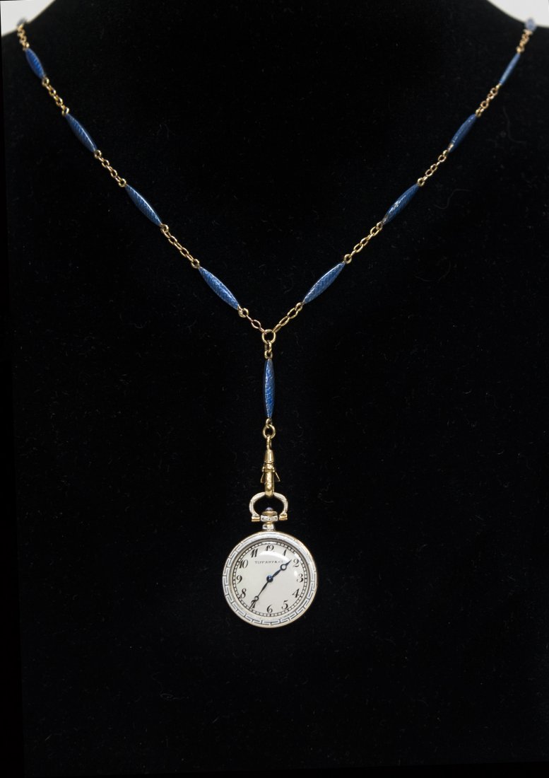 Tiffany & Co. Guilloche Enamel Pendant Watch & Chain. (1 of 7)