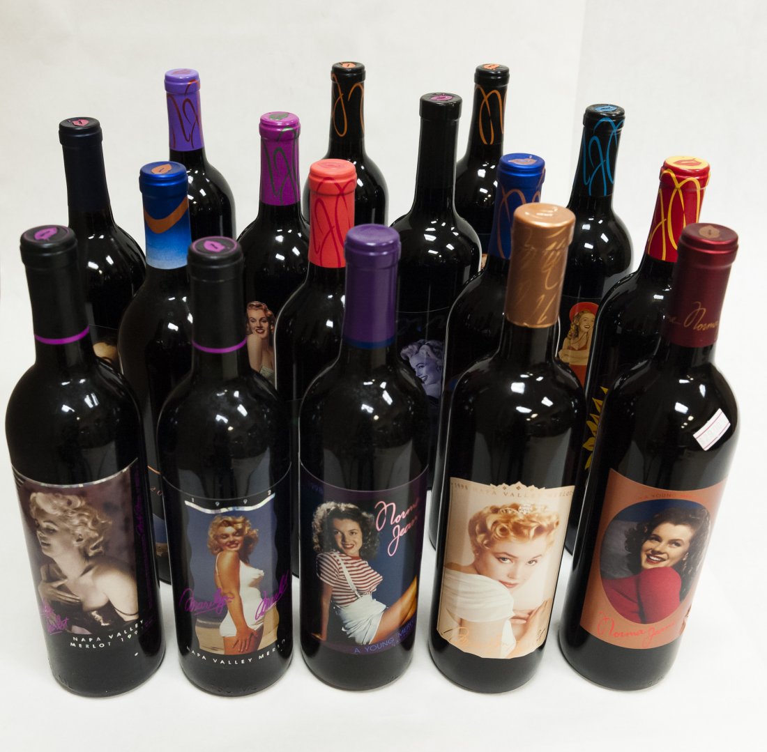 (16) bottles Marilyn Monroe wine: Sixteen (16) bottles Marilyn Monroe wine. Includes twelve (12) bottles Norma Jean merlot, includes (1) each 1998 (premiere vintage), 1999, 2000, 2001 ,2002, 2003, 2004, 2005, 2006, 008, and (2) 2009. 