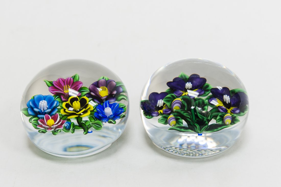 (2) Bob Banford Art Glass Paperweights.: (2) Bob Banford Art glass paperweights. Cluster of 5 flowers centering a pansy and a Cluster of violets. Each with Bob Banford "B" siganture cane. (Approx. 2 1/2" x 4"). From the Collection of Eric Si